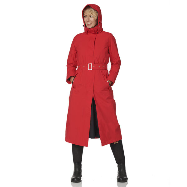 Lange Regenjas Dames Rood Montreal Happy Rainy Days Front Hood