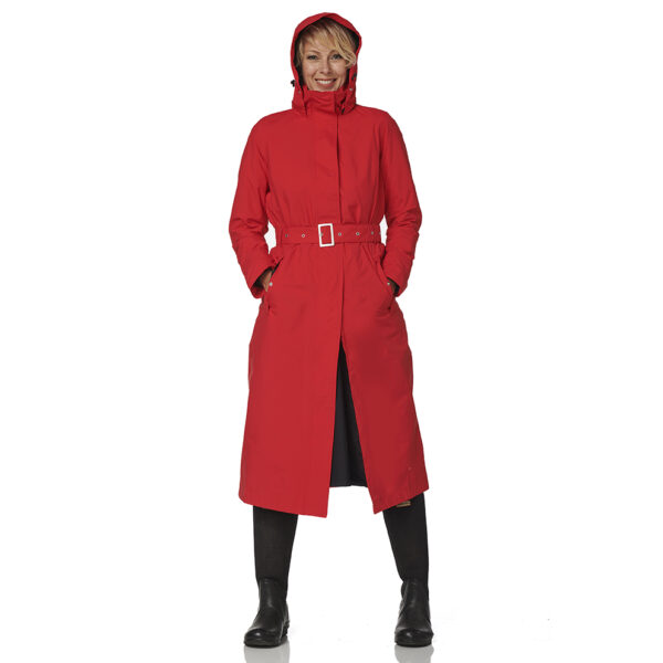 Lange Regenjas Dames Rood Montreal Happy Rainy Days Front Hood